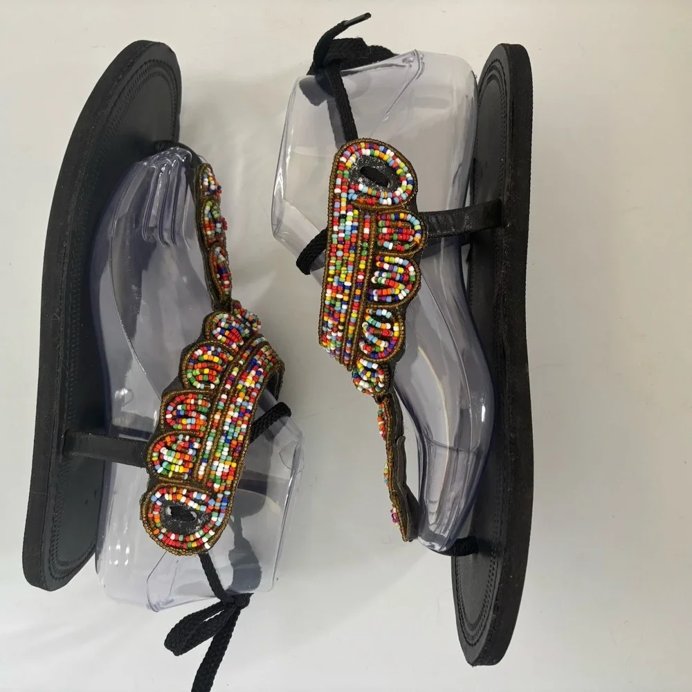 Masai Maasai African Leather Sandals *8-9 US Handcrafted Beaded Boho Hippie Chic